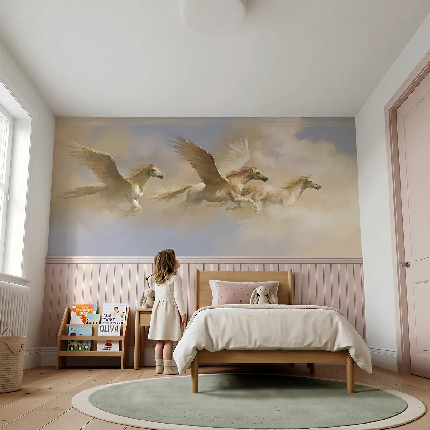Child reading near Racing The Wind Wainscoting Wallpaper by Whimsy Tots