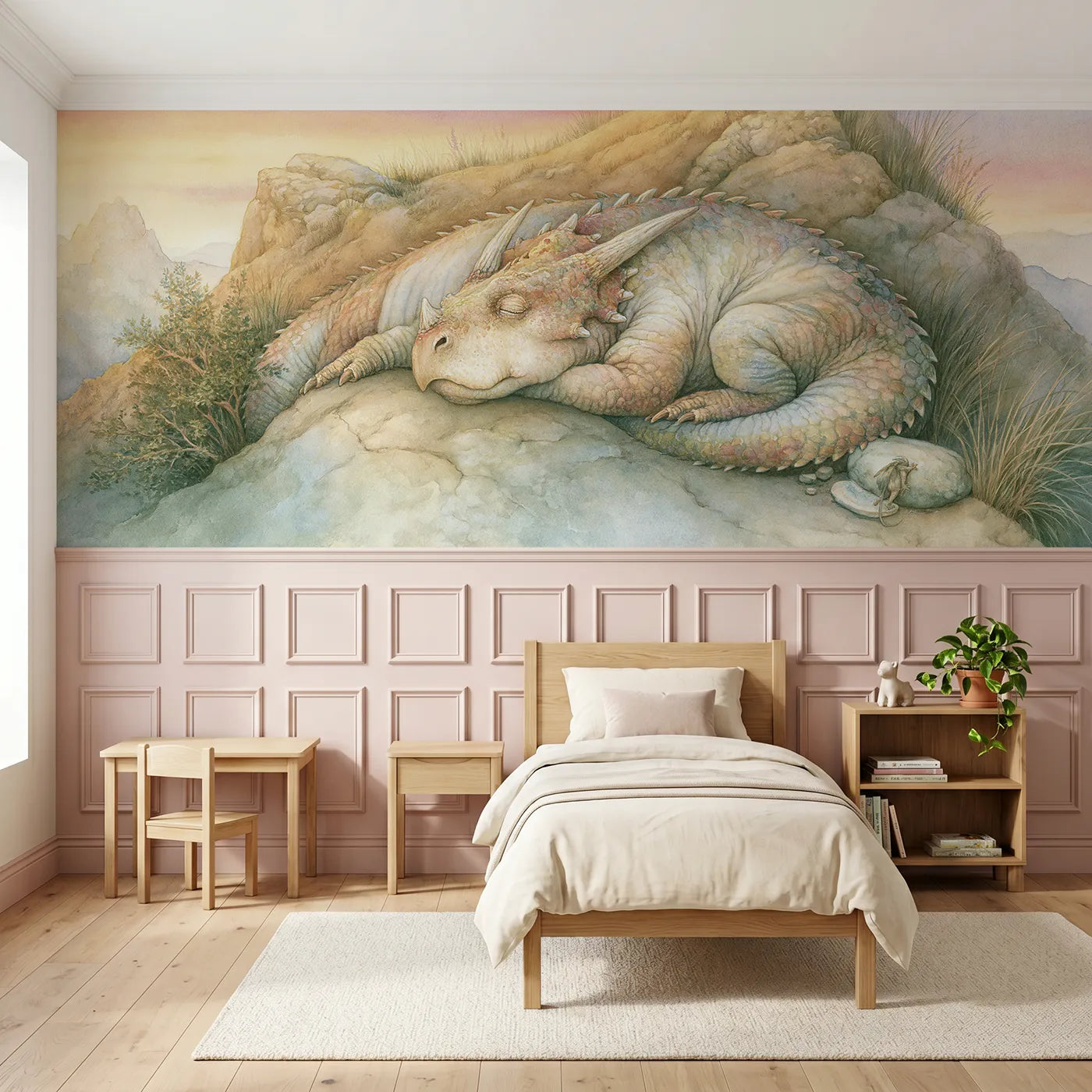 Storybook wainscoting wallpaper of asleep around the hill by Whimsy Tots