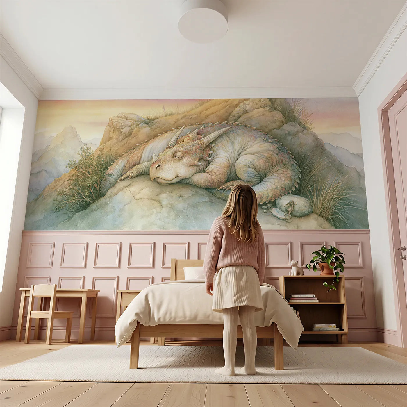Child reading near Asleep Around The Hill Wainscoting Wallpaper by Whimsy Tots