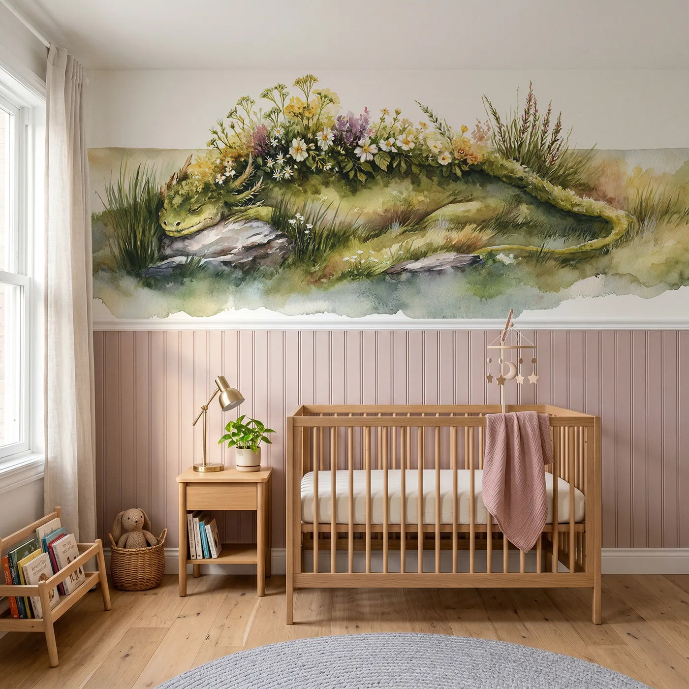 Watercolor wainscoting wallpaper of flowers on his back by Whimsy Tots