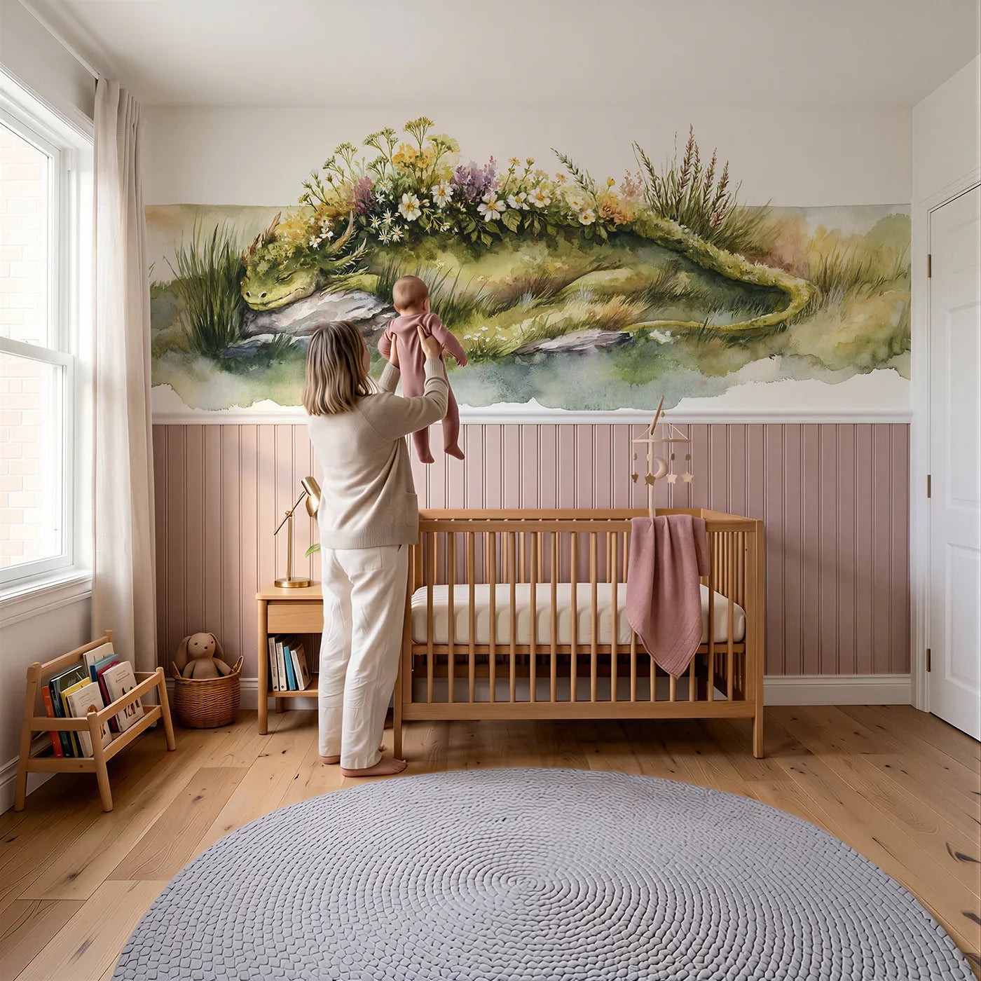 Child reading near Flowers On His Back Wainscoting Wallpaper by Whimsy Tots