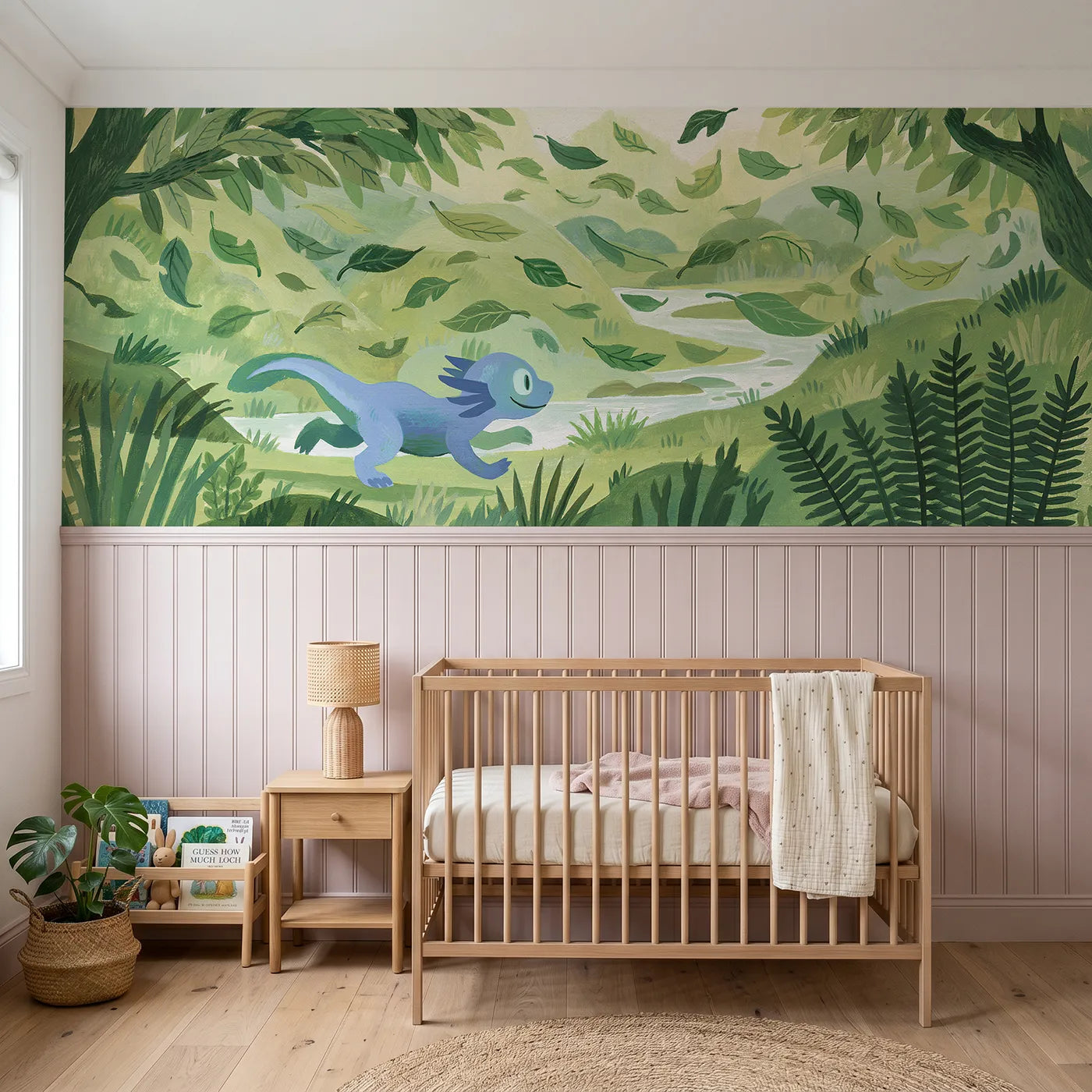 Modern illustration wainscoting wallpaper of chasing the leaves by Whimsy Tots