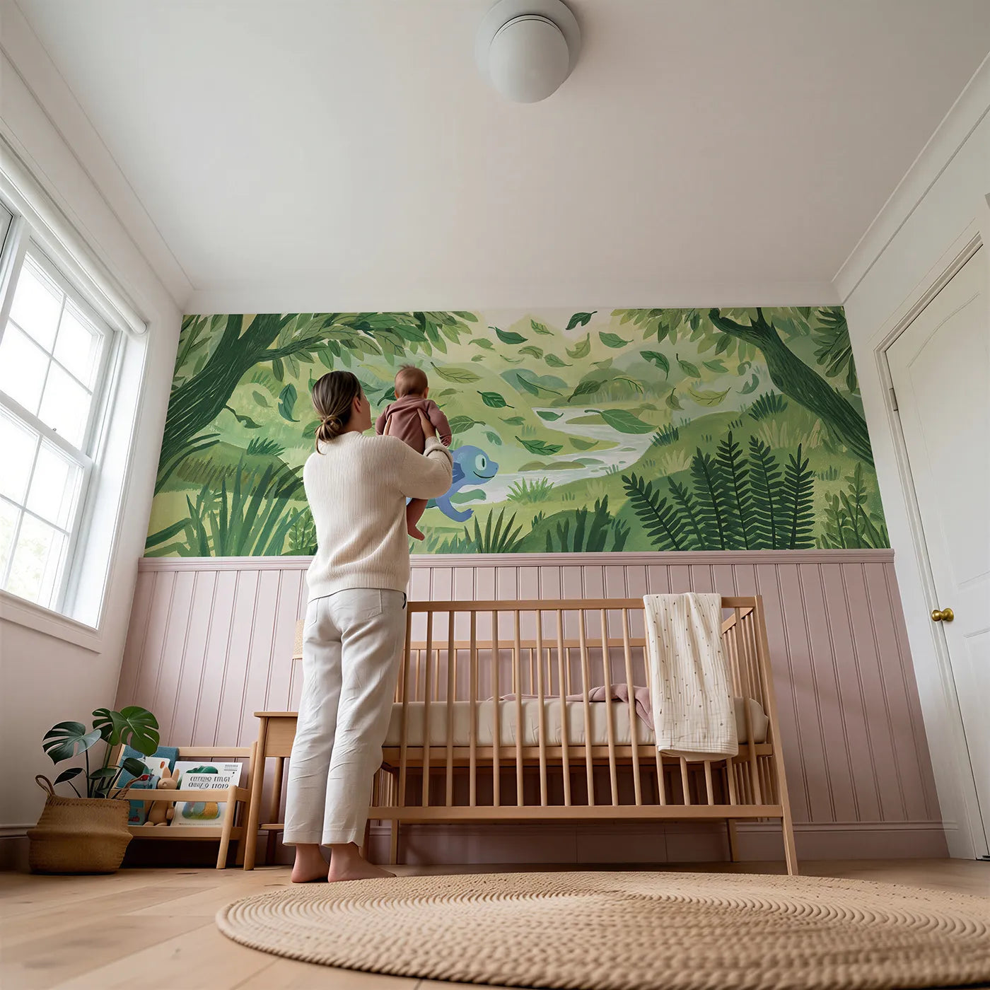 Child reading near Chasing The Leaves Wainscoting Wallpaper by Whimsy Tots