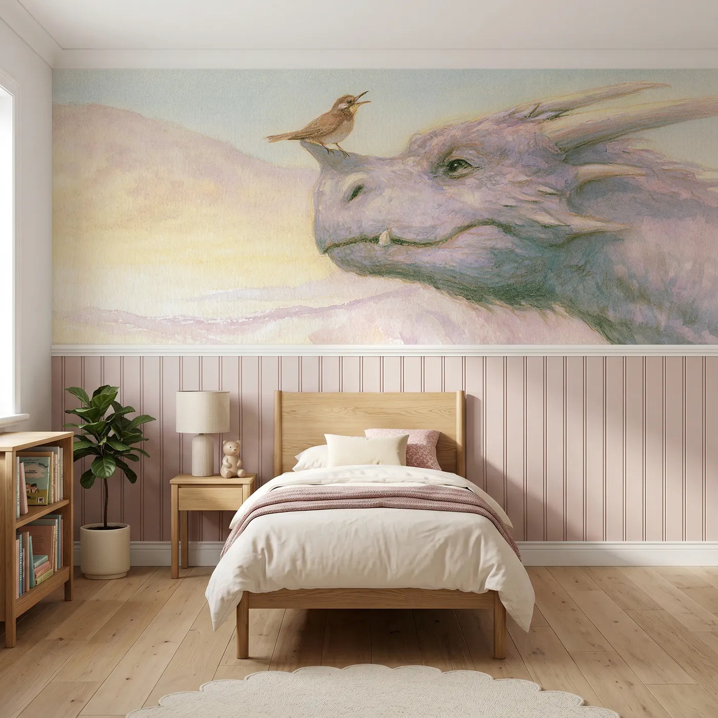 Soft pastel wainscoting wallpaper of the bird on his horn by Whimsy Tots
