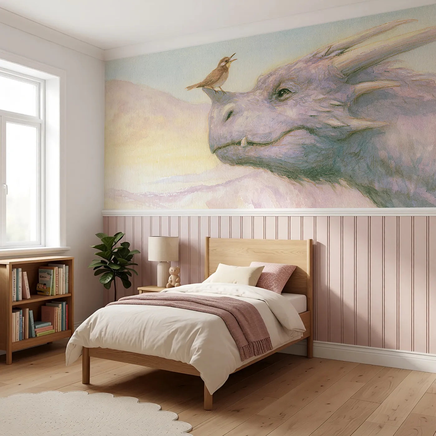 The Bird On His Horn Wainscoting Wallpaper styled in a kids room by Whimsy Tots