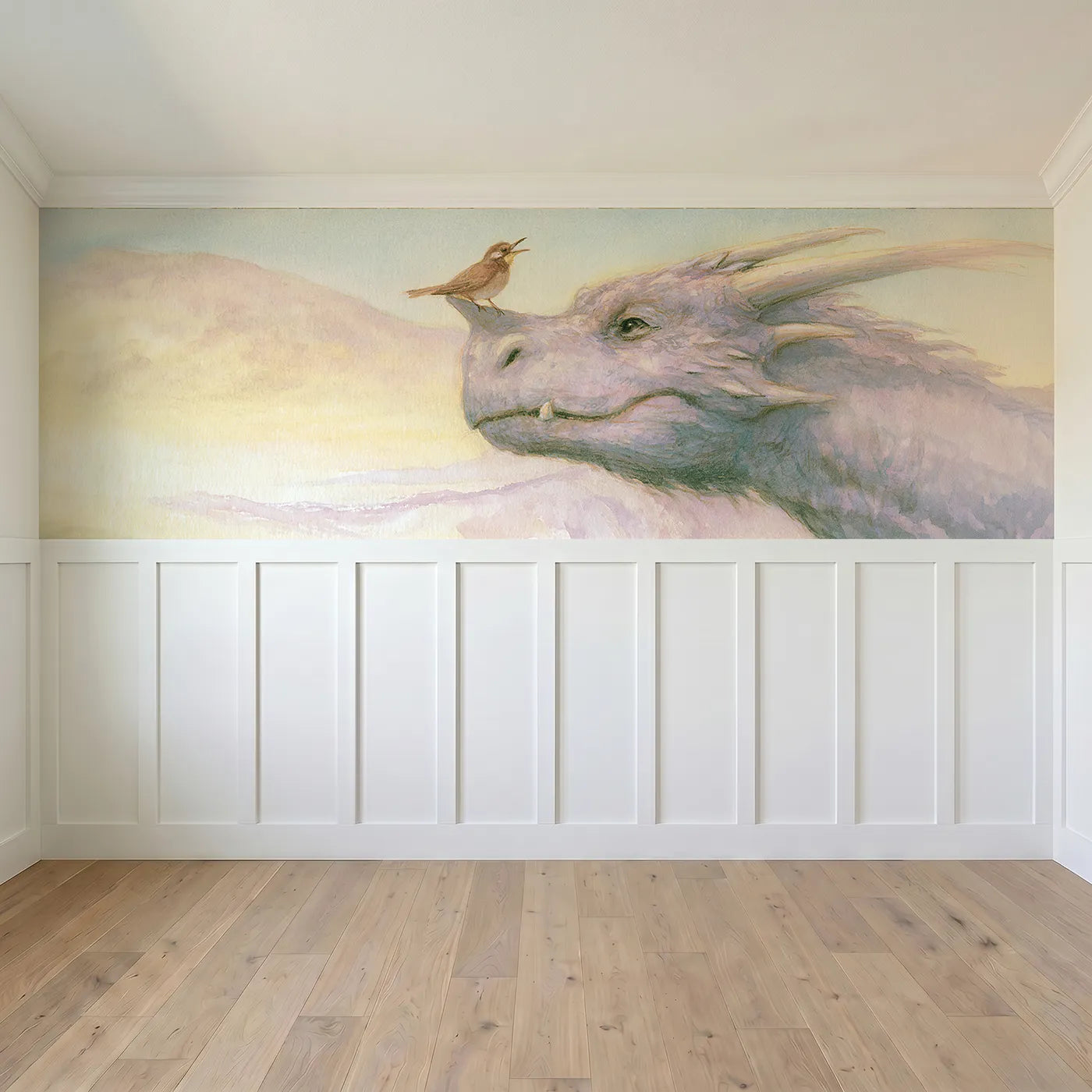 Full panel view of The Bird On His Horn Wainscoting Wallpaper by Whimsy Tots