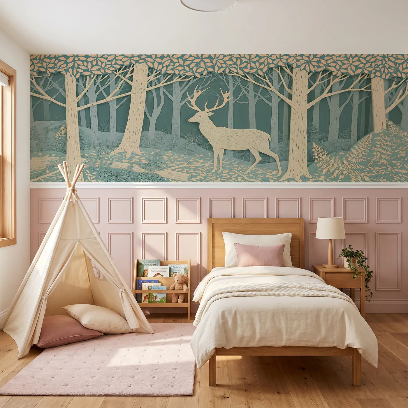 Block print wainscoting wallpaper of the carved white hart by Whimsy Tots