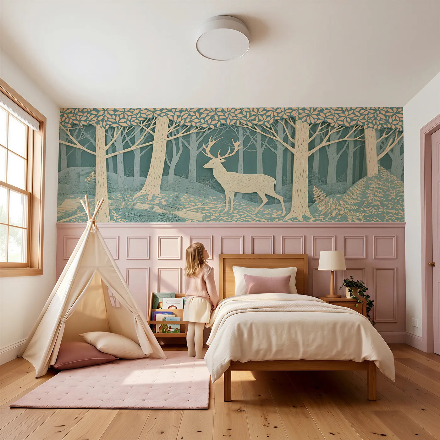 Child reading near The Carved White Hart Wainscoting Wallpaper by Whimsy Tots