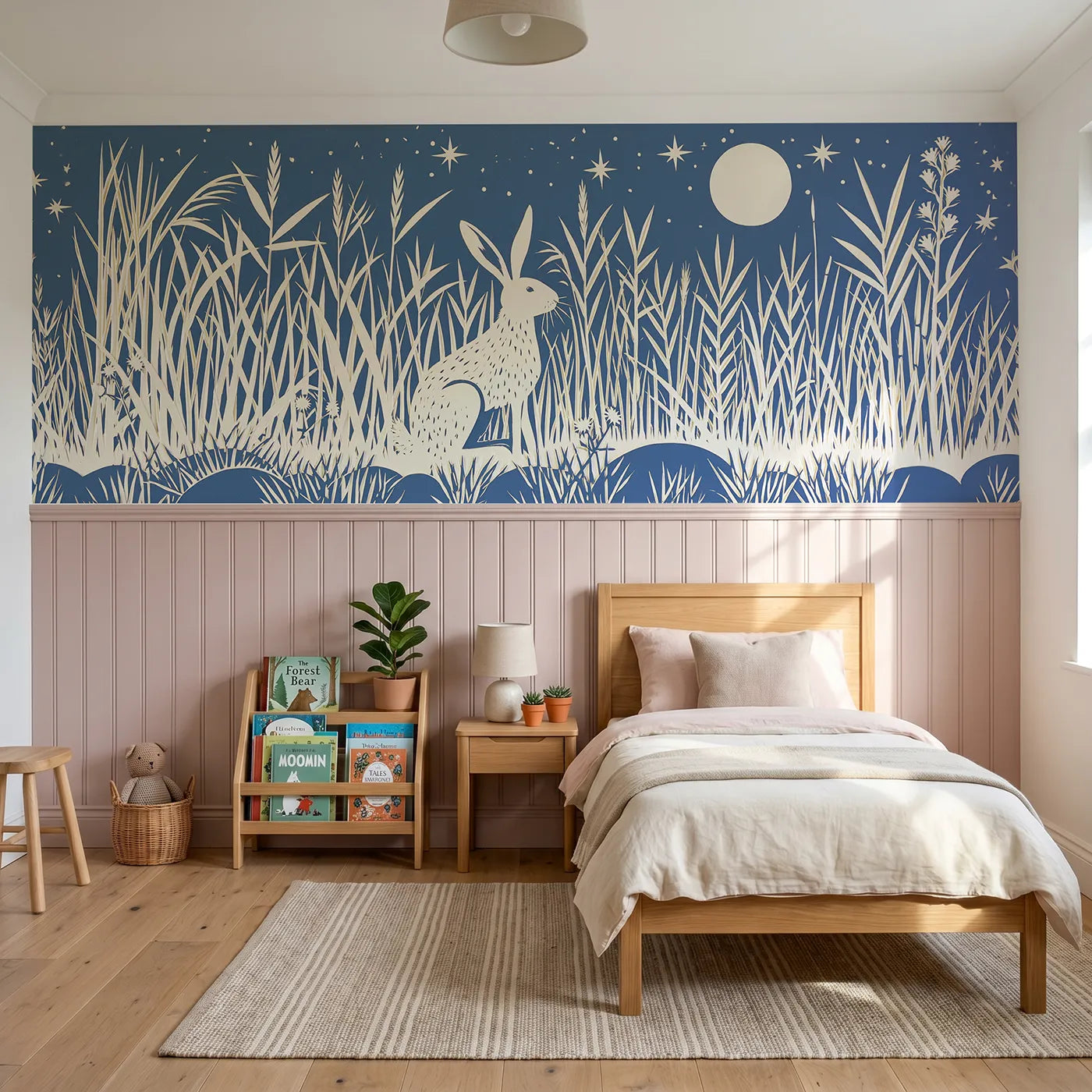 Block print wainscoting wallpaper of the moon hare in silver grass by Whimsy Tots