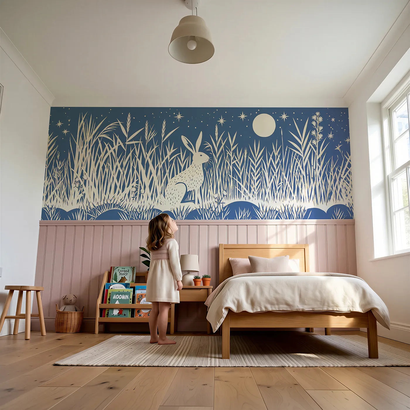 Child reading near Moon Hare In Silver Grass Wainscoting Wallpaper by Whimsy Tots