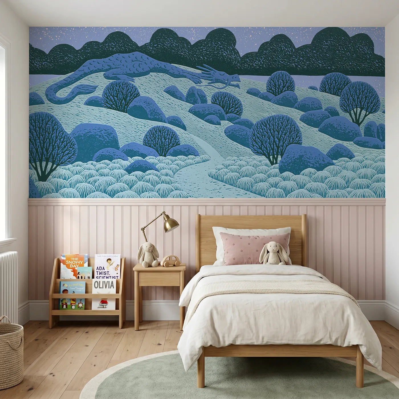 Block print wainscoting wallpaper of the sleeping dragon hill by Whimsy Tots