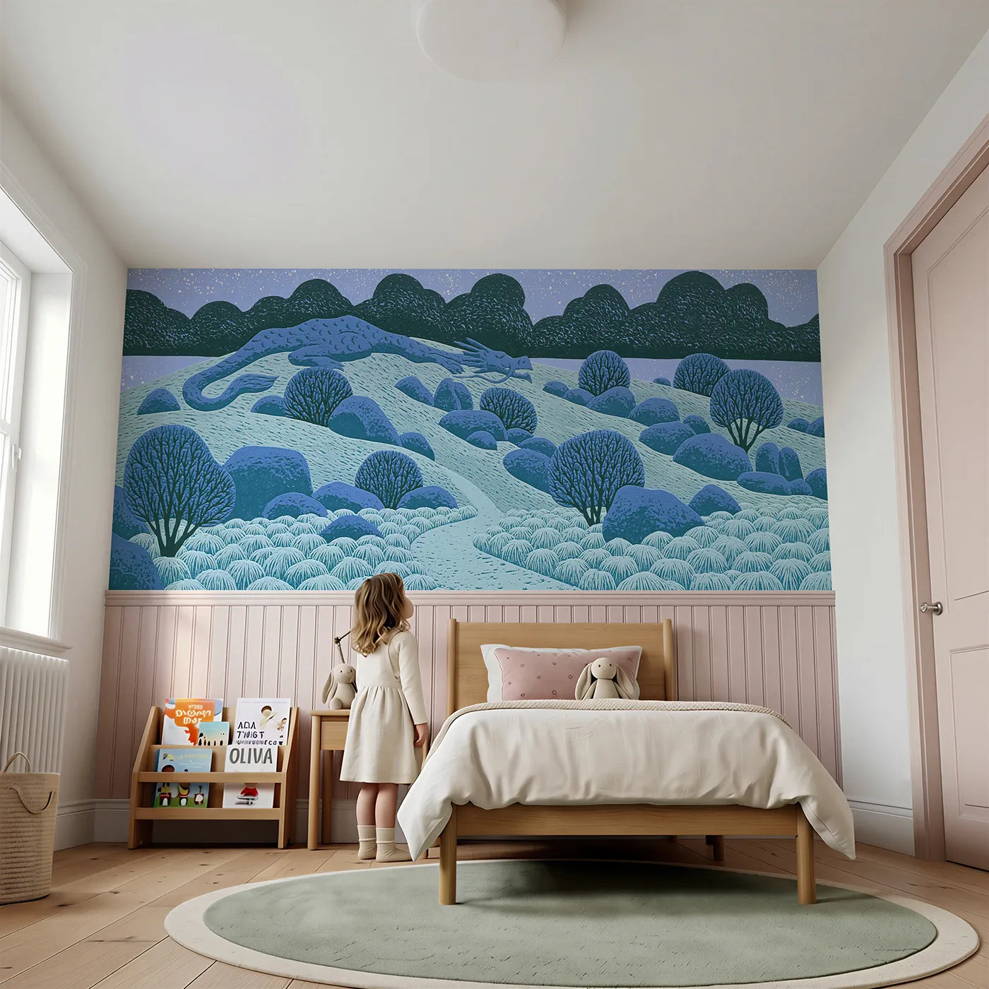 Child reading near The Sleeping Dragon Hill Wainscoting Wallpaper by Whimsy Tots