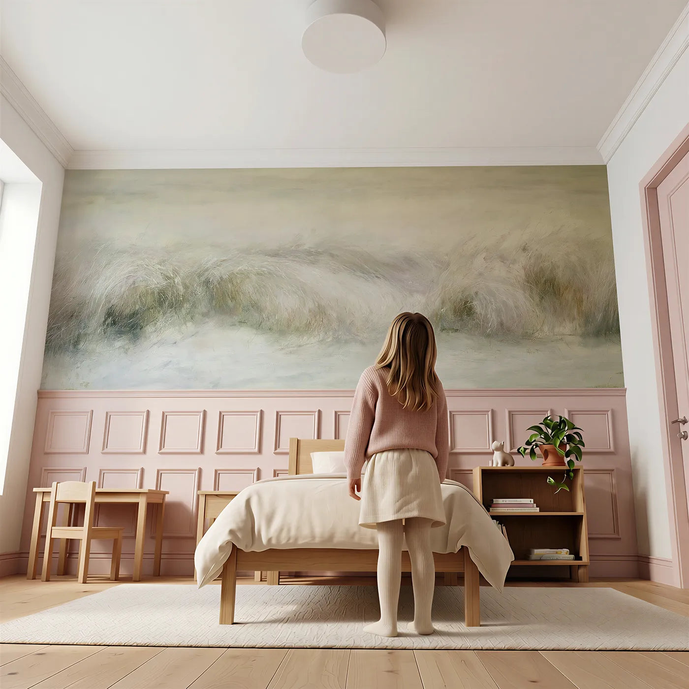Child reading near Where The Unicorn Slept Wainscoting Wallpaper by Whimsy Tots