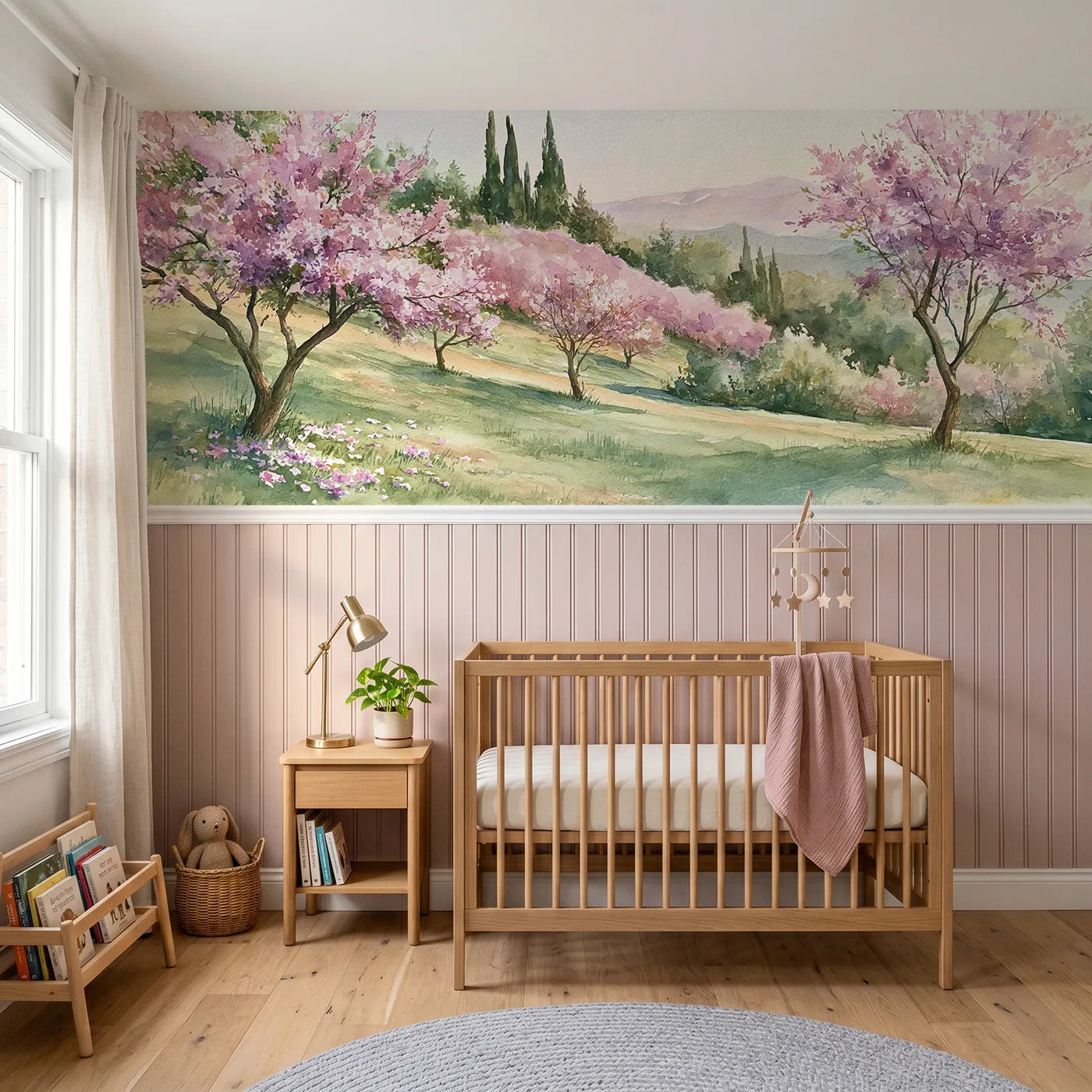 Watercolor wainscoting wallpaper of the blossom slope after rain by Whimsy Tots