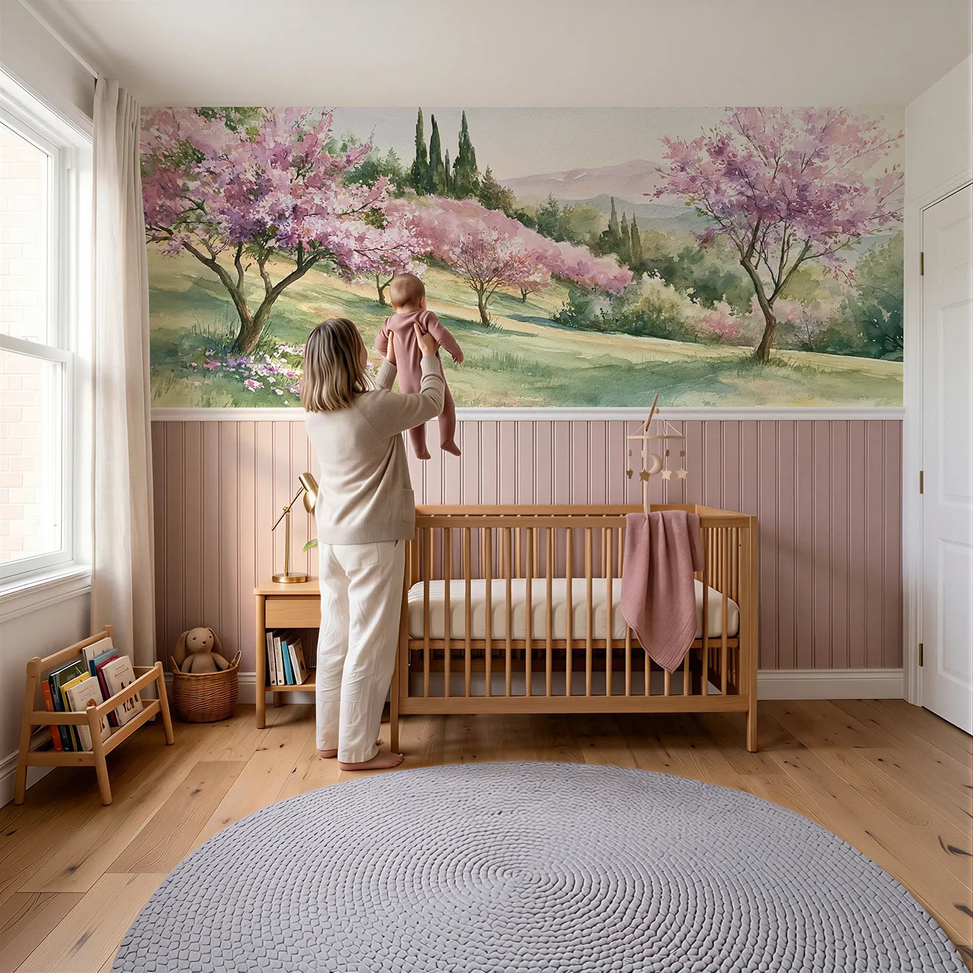 Child reading near Blossom Slope After Rain Wainscoting Wallpaper by Whimsy Tots