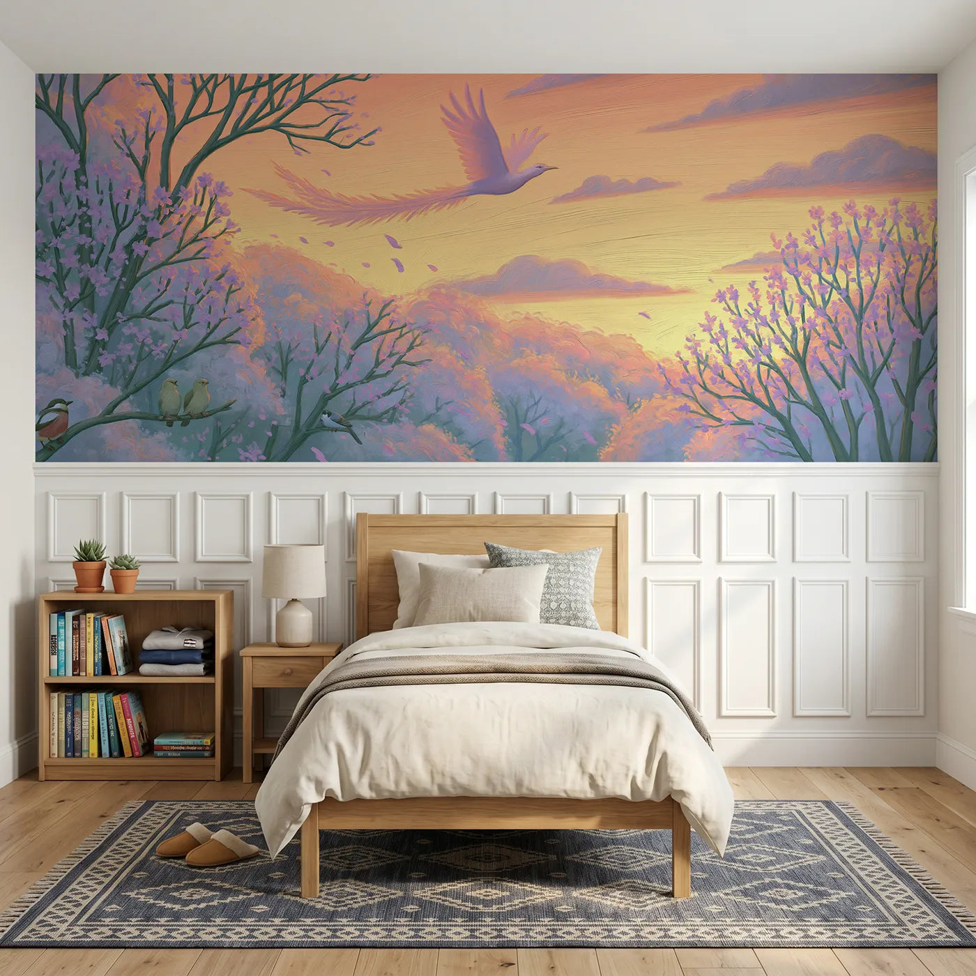 Colored pencil wainscoting wallpaper of the bird of dawn by Whimsy Tots