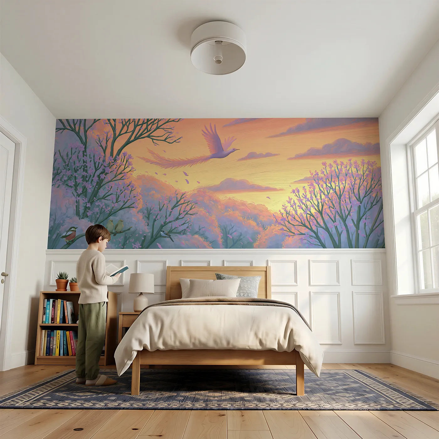 Child reading near The Bird Of Dawn Wainscoting Wallpaper by Whimsy Tots