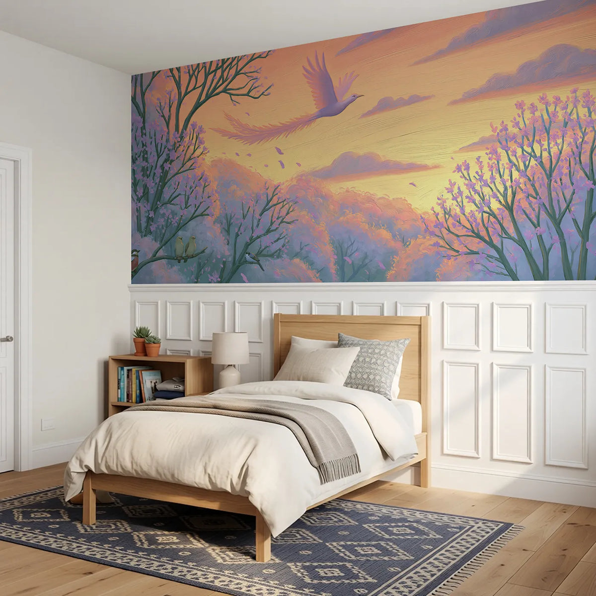 The Bird Of Dawn Wainscoting Wallpaper styled in a kids room by Whimsy Tots