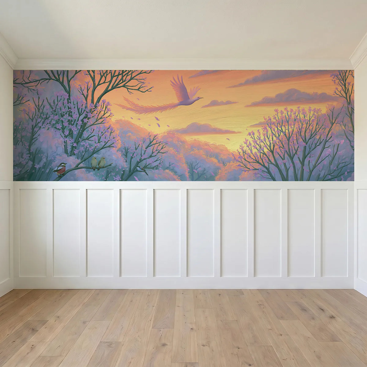 Full panel view of The Bird Of Dawn Wainscoting Wallpaper by Whimsy Tots