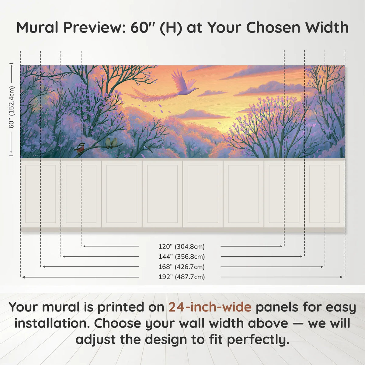 Panel dimensions for The Bird Of Dawn Wainscoting Wallpaper by Whimsy Tots