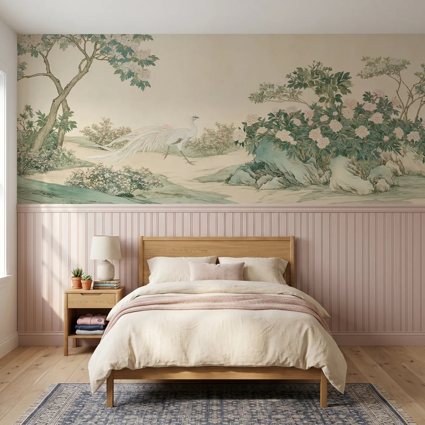 Chinoiserie wainscoting wallpaper of a phoenix walking a garden path by Whimsy Tots