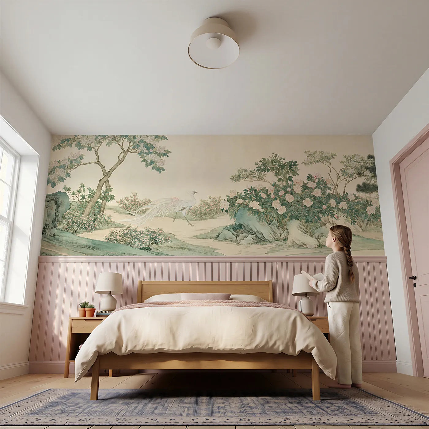 Child reading near The Phoenix Garden Walk Wainscoting Wallpaper by Whimsy Tots