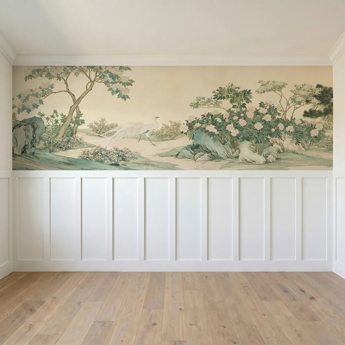 Full panel view of The Phoenix Garden Walk Wainscoting Wallpaper by Whimsy Tots