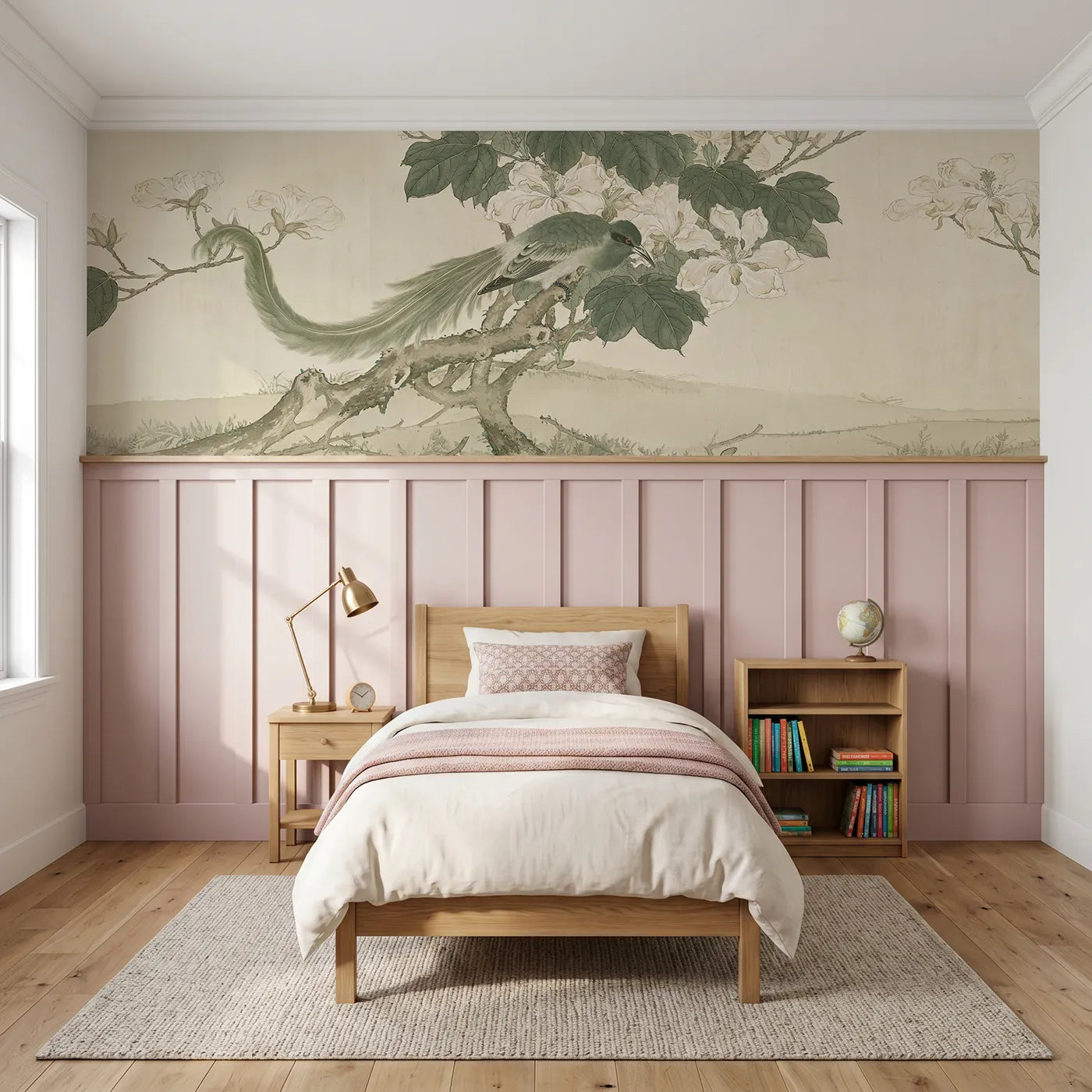 Chinoiserie wainscoting wallpaper of the paulownia bird by Whimsy Tots