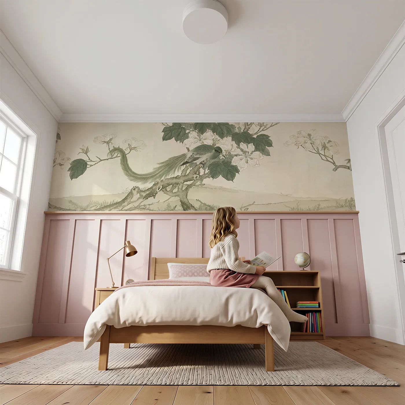 Child reading near The Paulownia Bird Wainscoting Wallpaper by Whimsy Tots