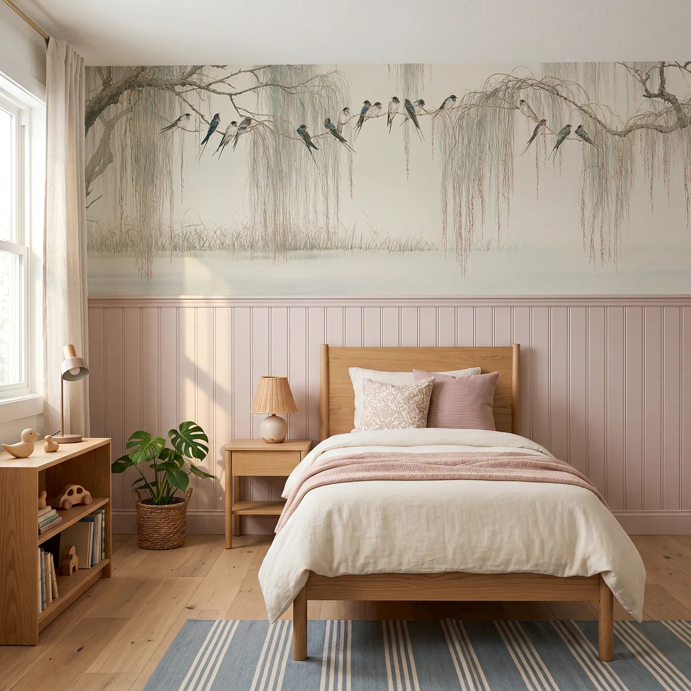 Chinoiserie wainscoting wallpaper of swallows in the willow by Whimsy Tots