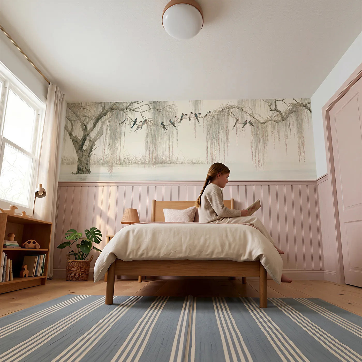 Child reading near Swallows In The Willow Wainscoting Wallpaper by Whimsy Tots