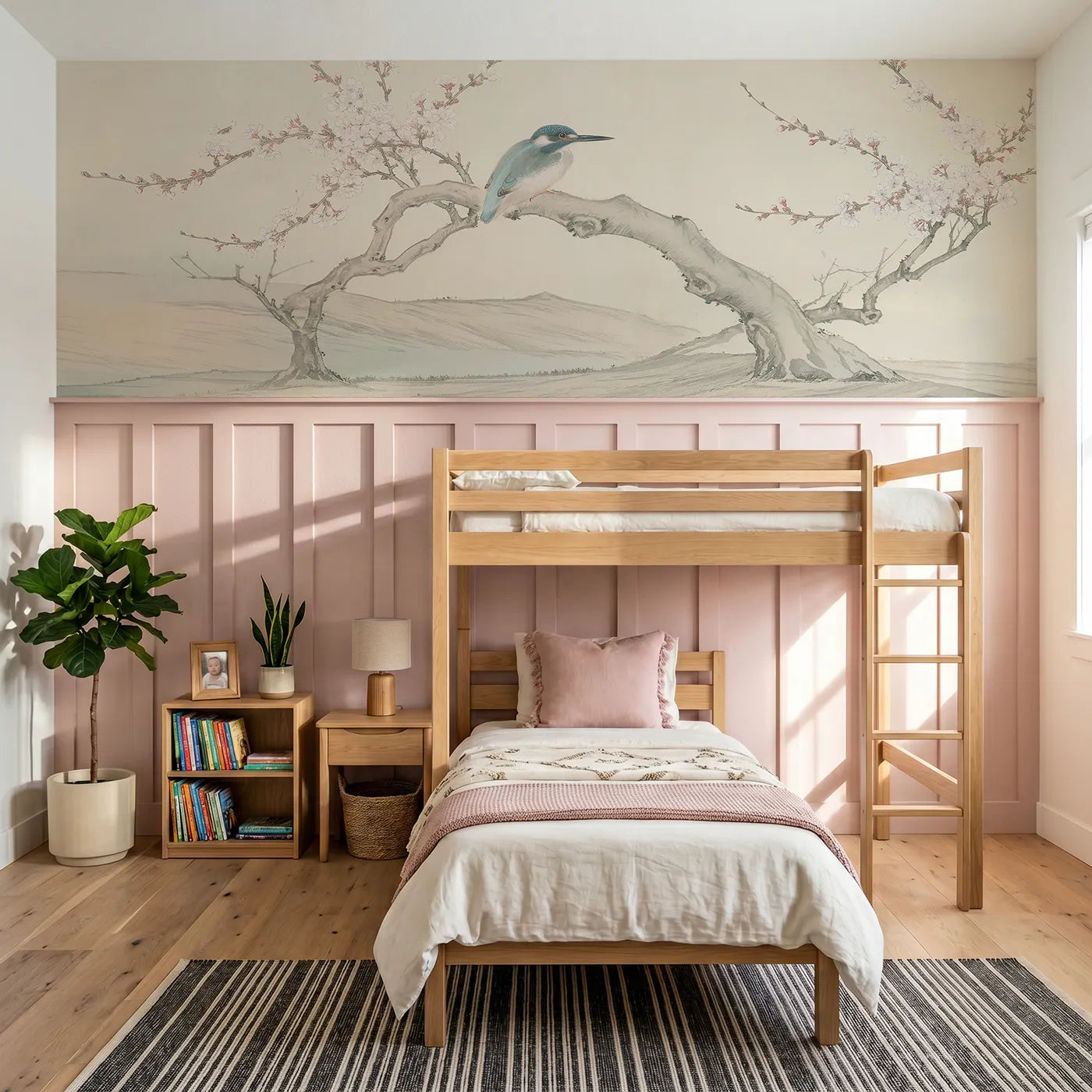 Chinoiserie wainscoting wallpaper of the kingfisher on the branch by Whimsy Tots