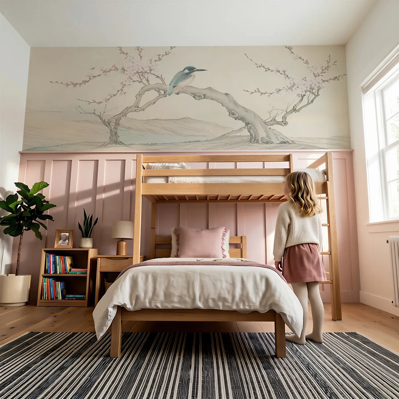 Child reading near Kingfisher On The Branch Wainscoting Wallpaper by Whimsy Tots