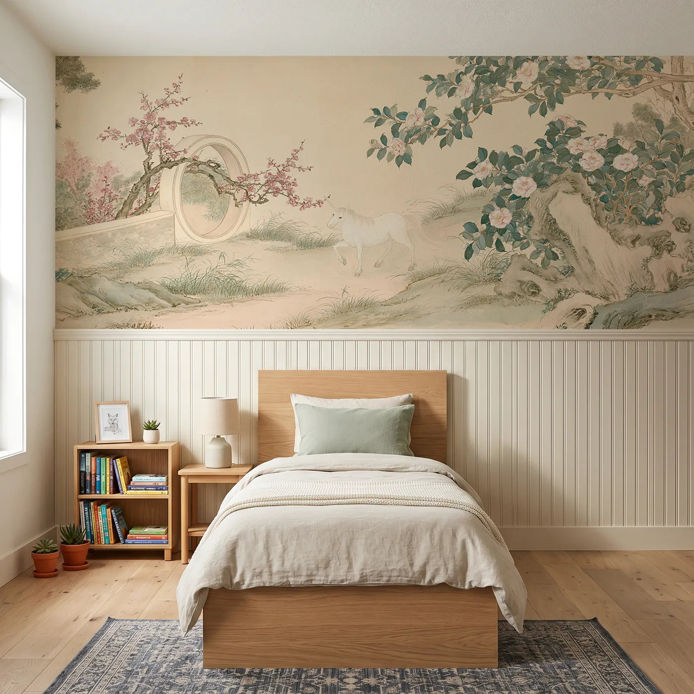 Chinoiserie wainscoting wallpaper of a unicorn beside the moon gate by Whimsy Tots