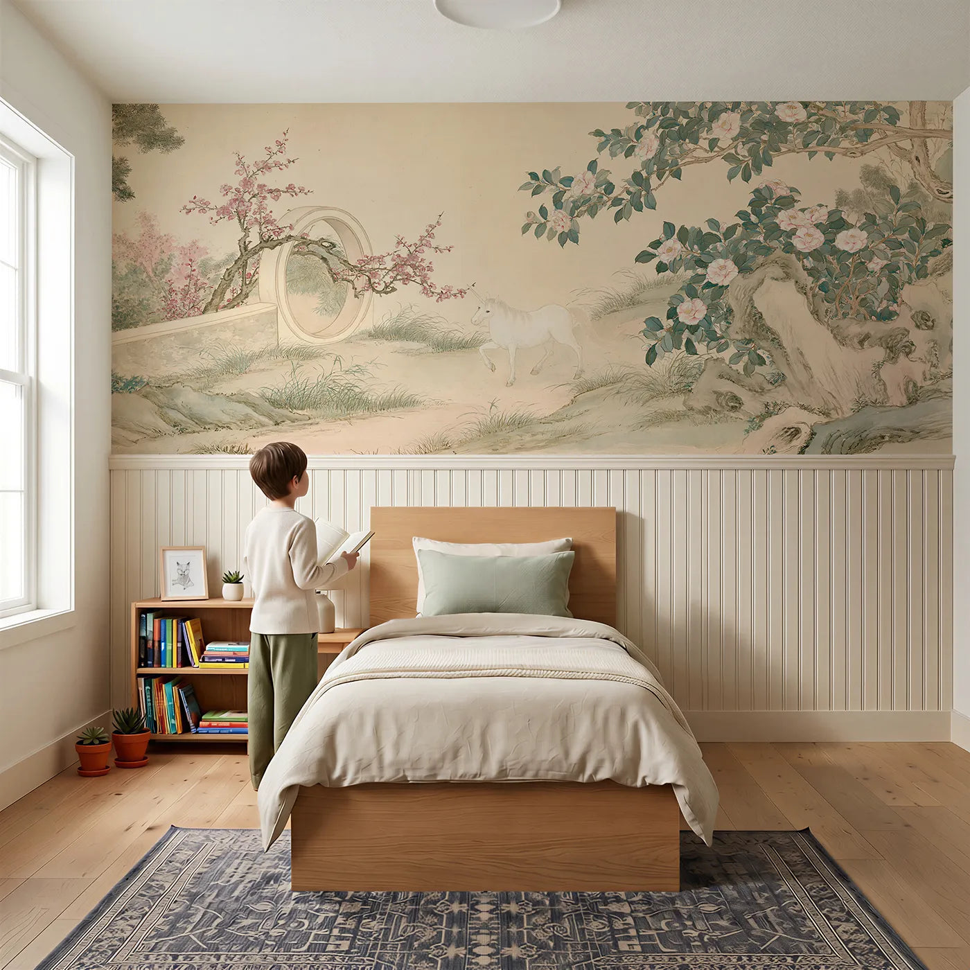 Child reading near The Unicorn Moon Gate Wainscoting Wallpaper by Whimsy Tots