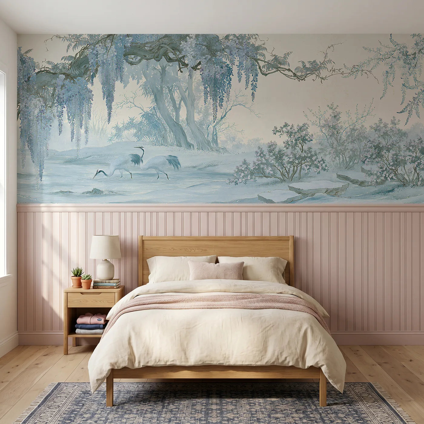 Chinoiserie wainscoting wallpaper of two cranes wading under hanging wisteria by Whimsy Tots