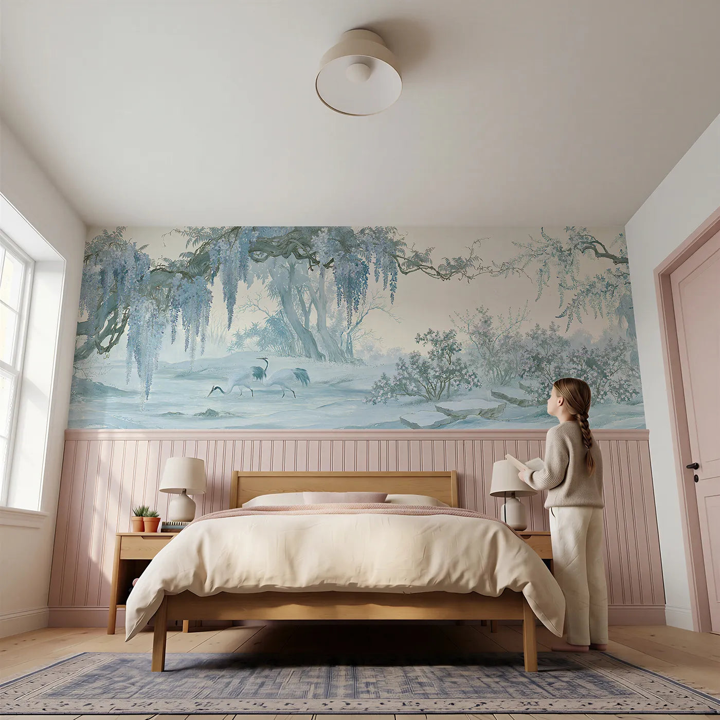 Child reading near The Wisteria Crane Stream Wainscoting Wallpaper by Whimsy Tots