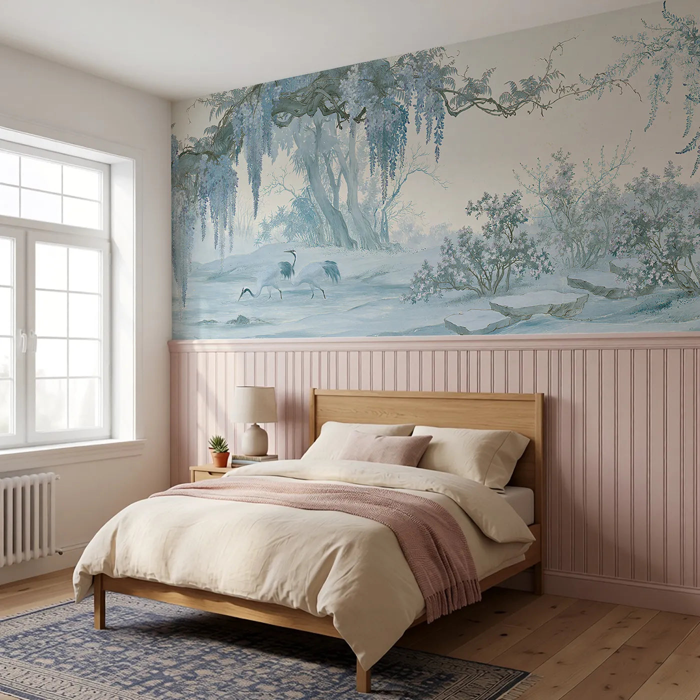 The Wisteria Crane Stream Wainscoting Wallpaper styled in a kids room by Whimsy Tots
