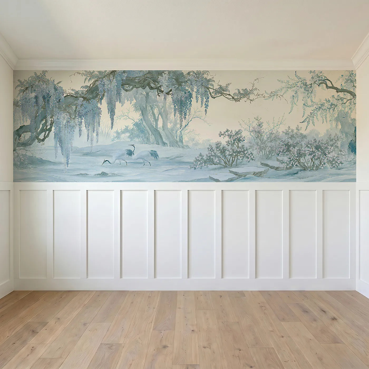 Full panel view of The Wisteria Crane Stream Wainscoting Wallpaper by Whimsy Tots