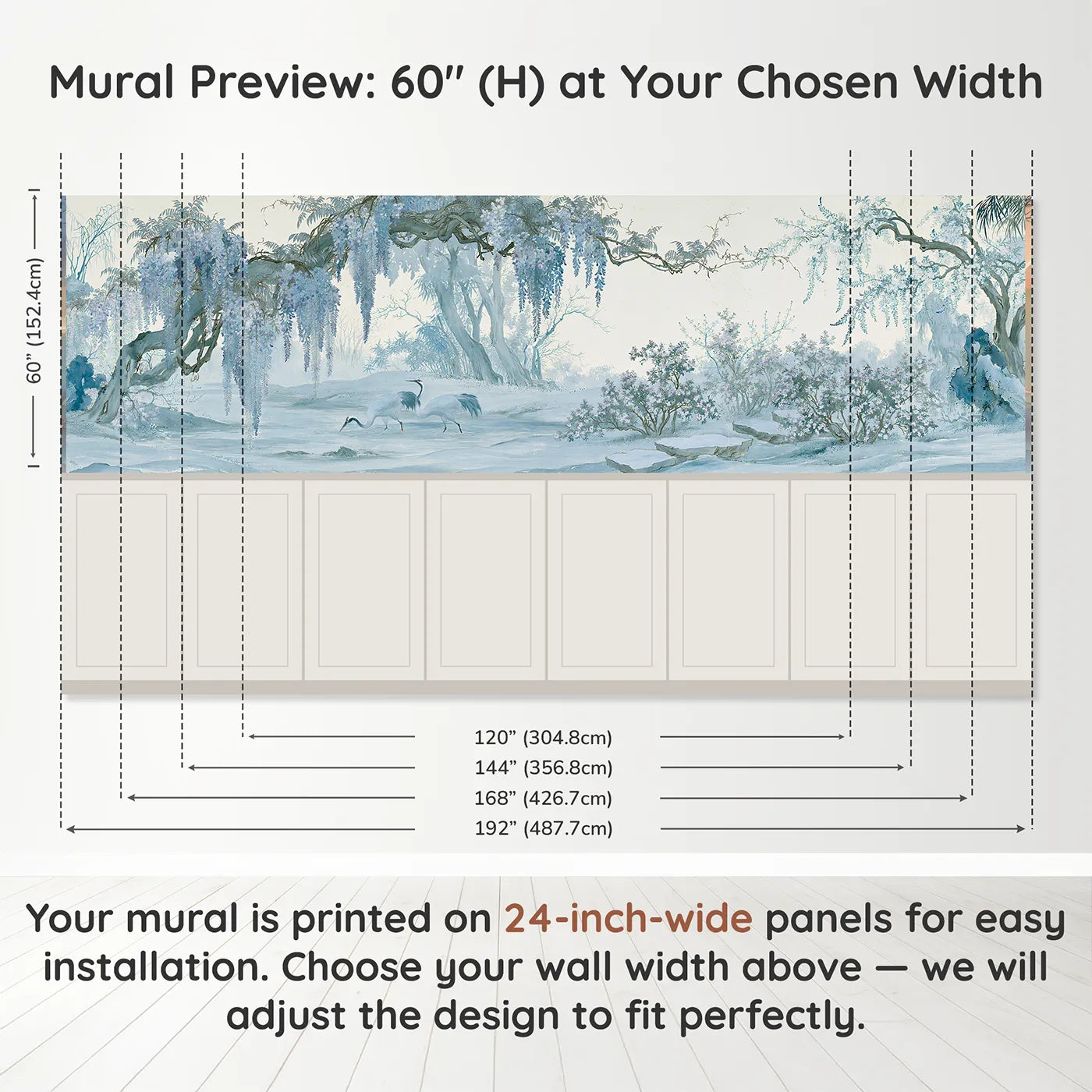 Panel dimensions for The Wisteria Crane Stream Wainscoting Wallpaper by Whimsy Tots