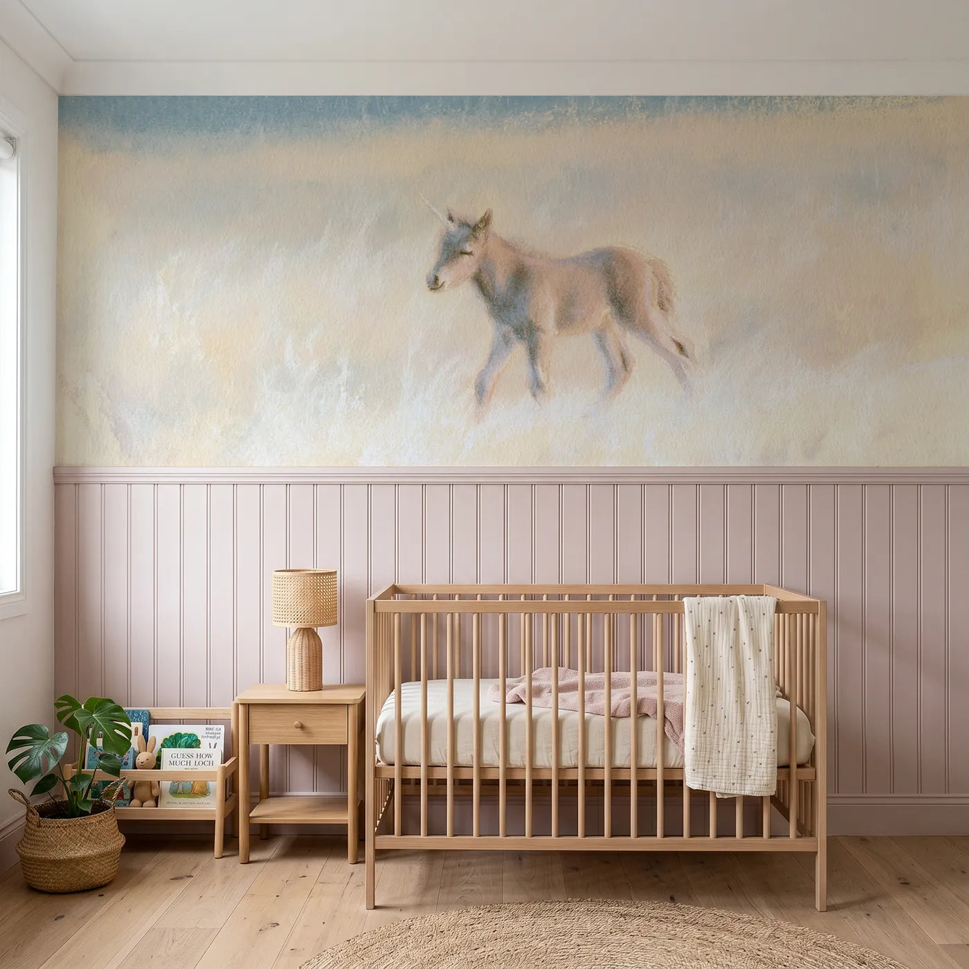 Soft pastel wainscoting wallpaper of the foal meeting the rain by Whimsy Tots