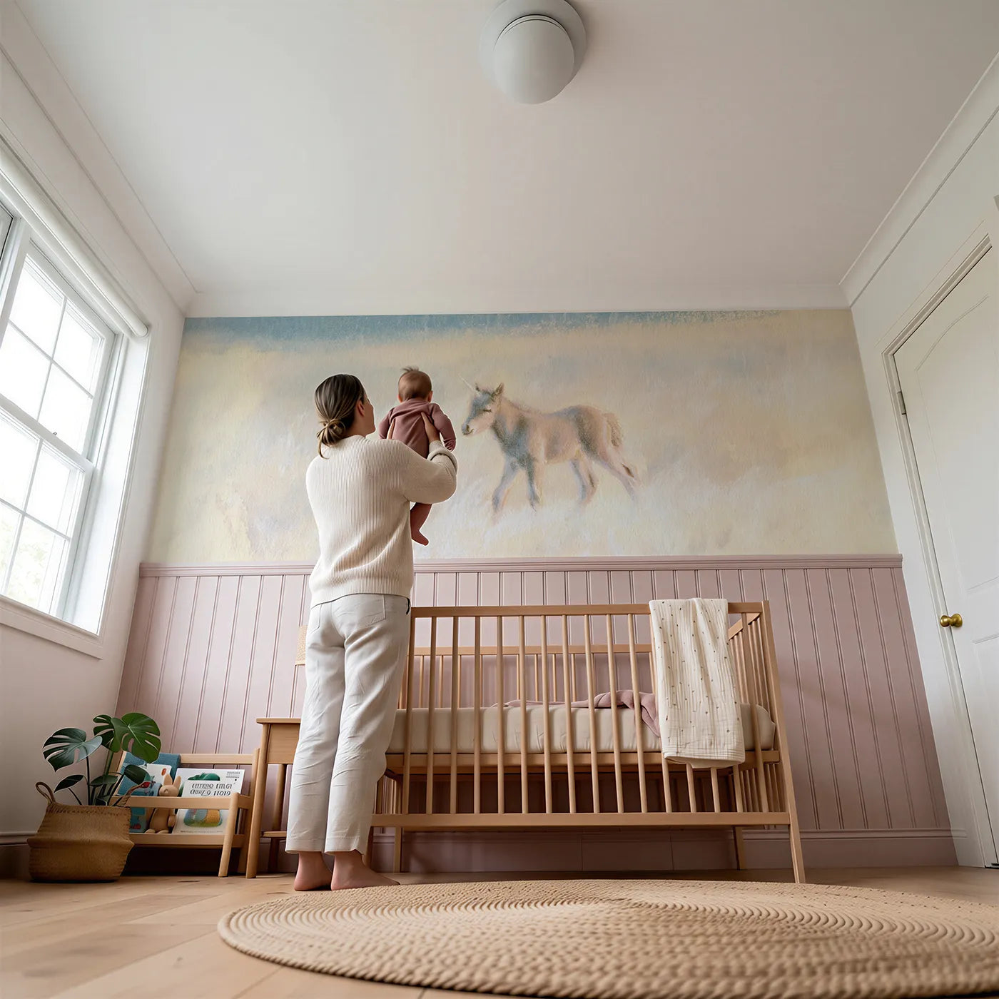 Child reading near The Foal Meets The Rain Wainscoting Wallpaper by Whimsy Tots