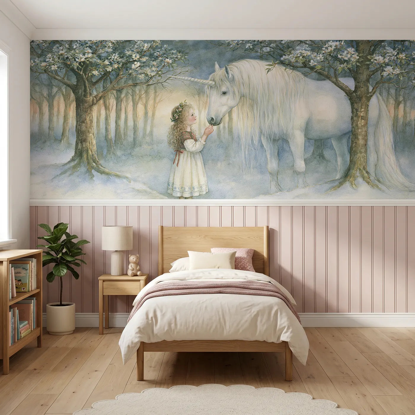 Storybook wainscoting wallpaper of the child and the unicorn by Whimsy Tots