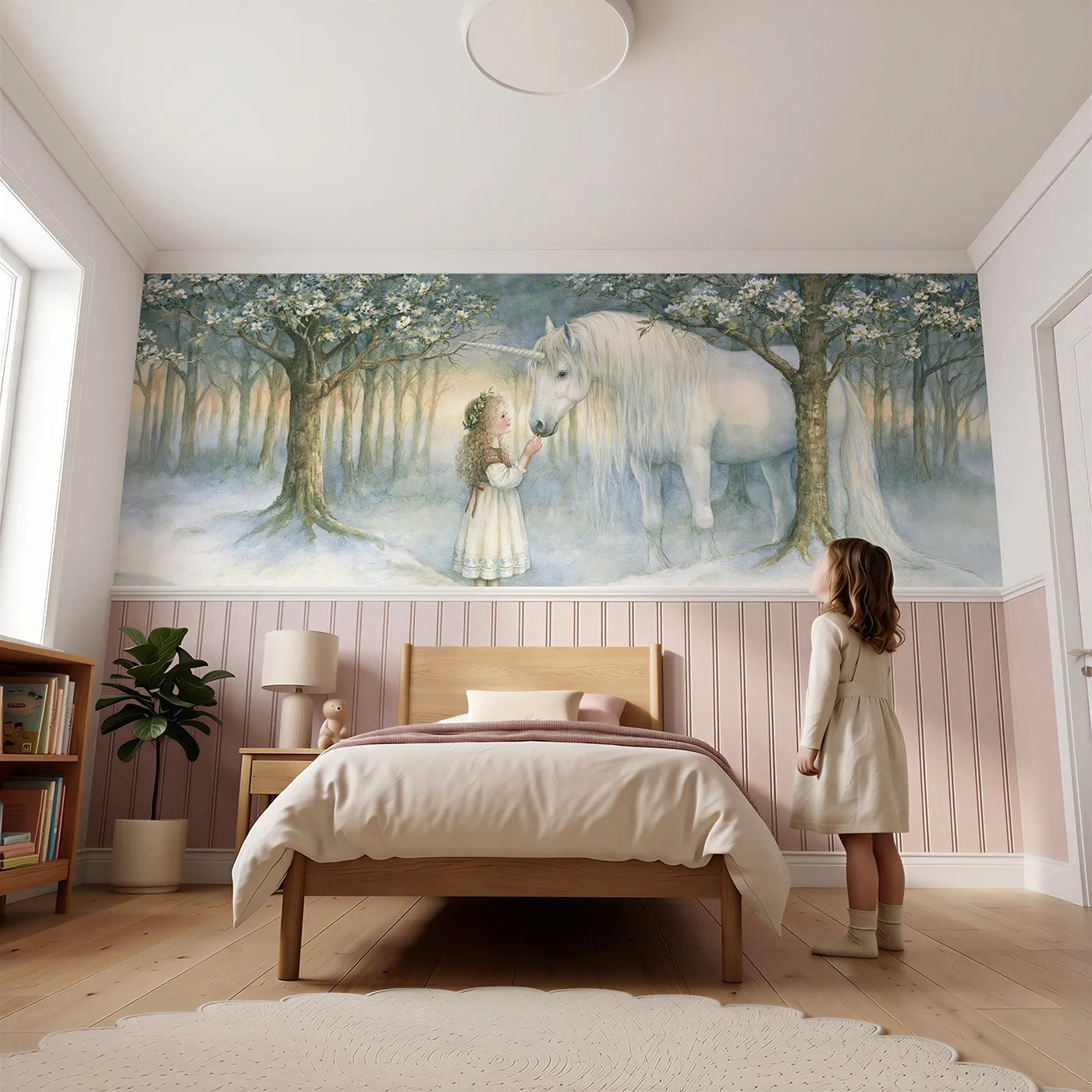 Child reading near The Child And The Unicorn Wainscoting Wallpaper by Whimsy Tots