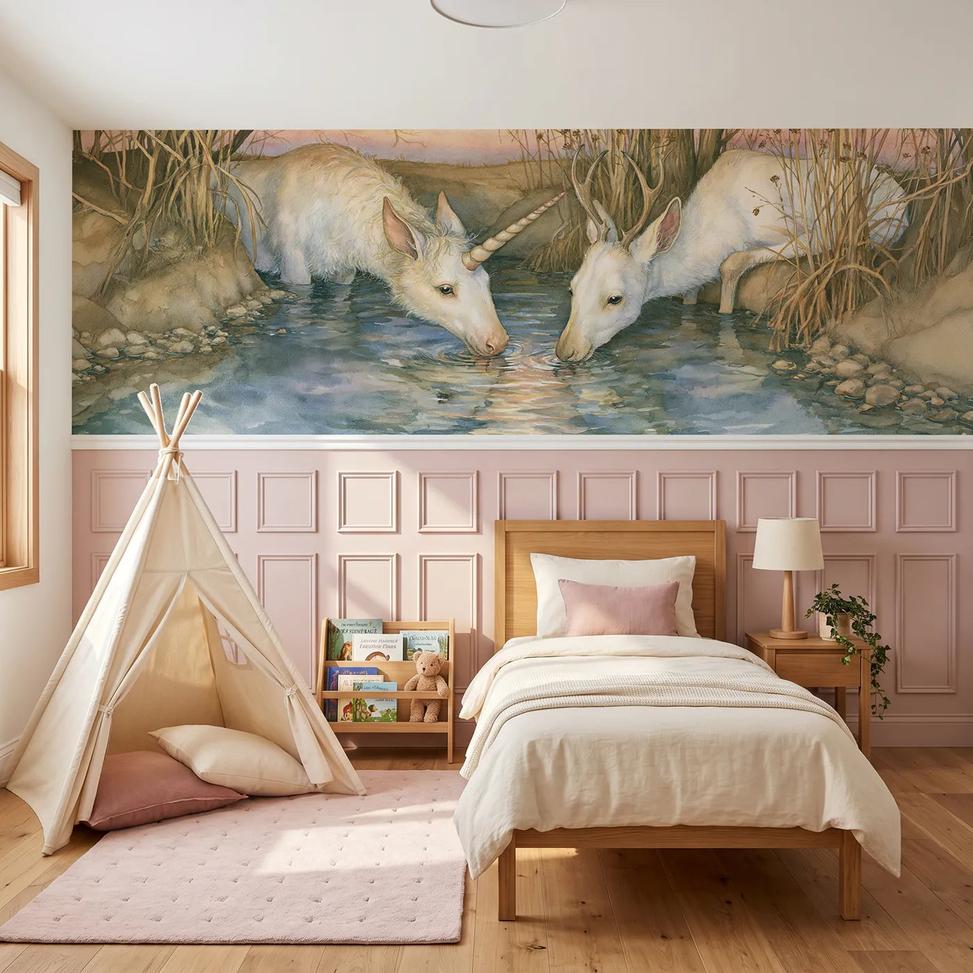 Storybook wainscoting wallpaper of sharing the spring by Whimsy Tots