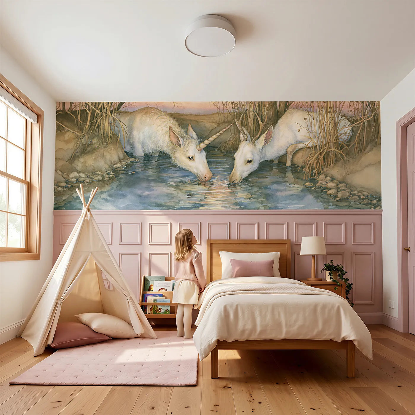 Child reading near Sharing The Spring Wainscoting Wallpaper by Whimsy Tots