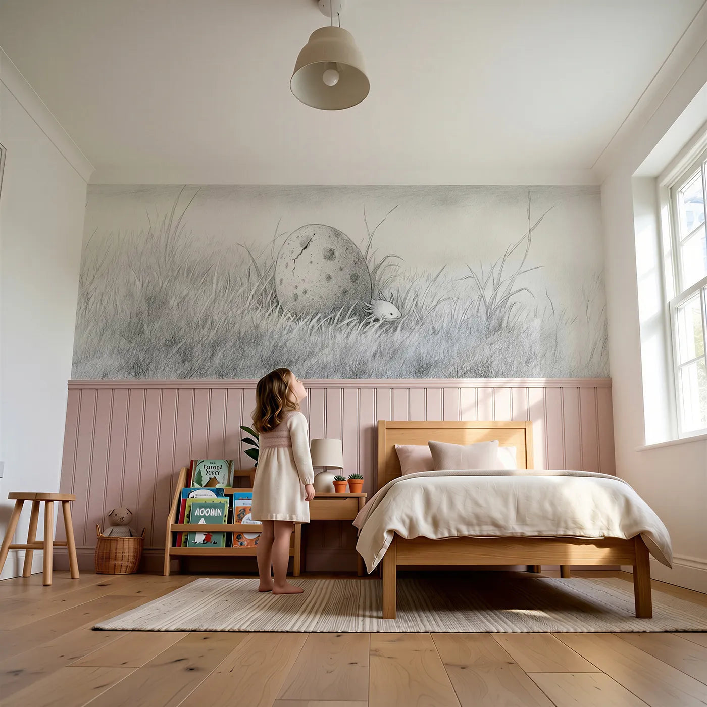Child reading near About To Hatch Wainscoting Wallpaper by Whimsy Tots