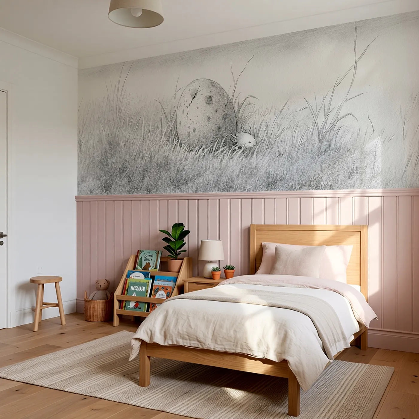 About To Hatch Wainscoting Wallpaper styled in a kids room by Whimsy Tots
