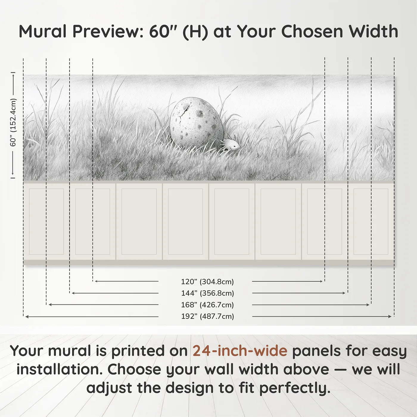 Panel dimensions for About To Hatch Wainscoting Wallpaper by Whimsy Tots