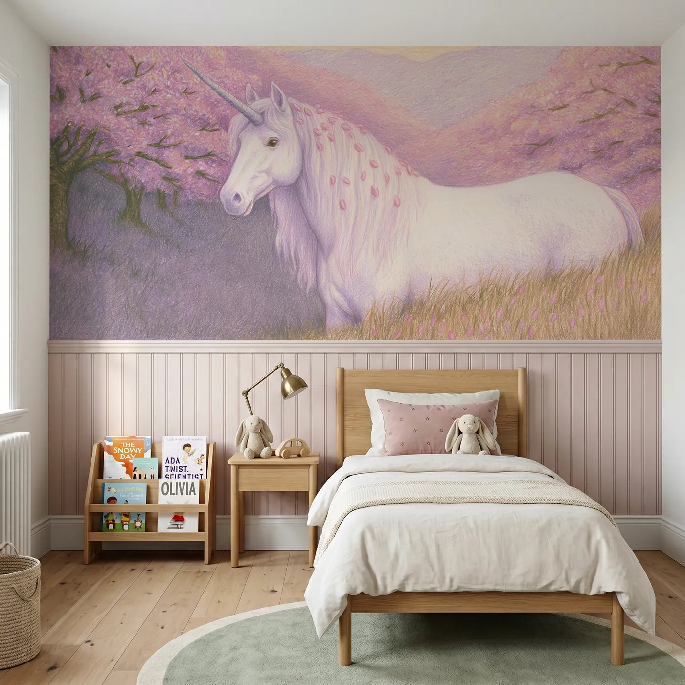 Colored pencil wainscoting wallpaper of petals in the mane by Whimsy Tots